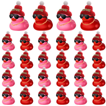 24 Pcs Valentine'S Day Mini Rubber Duck With 24 Sunglasses 24 Hat 24 Necklace, Yellow Valentine Rubber Duck In Bulk Bath Toys Fo