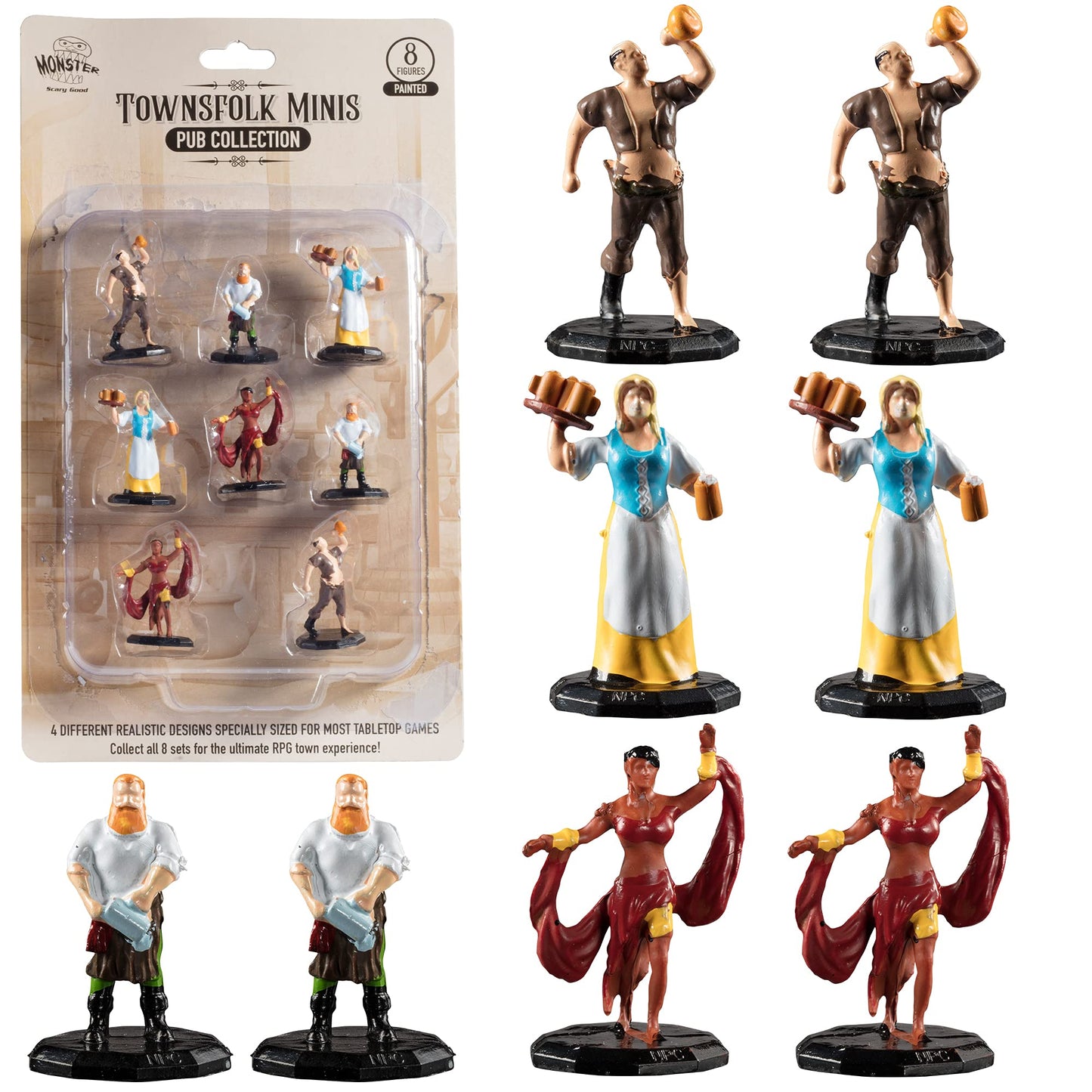Monster Townsfolk Mini Fantasy Figures - 8Pc Hand-Painted Pub Workers Non Player Character Npc Miniatures- 1' Hex-Sized Compatible W Dnd Dungeons Dragons Pathfinder Rpg Tabletop Games