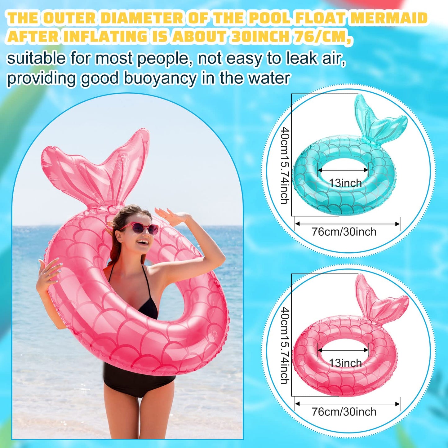 Junkin 6 Pcs Mermaid Tail Pool Floaties Inflatable Swim Float Mermaid Pool Ring 30 Inch Inflatable Ring Floatie Summer Beach Pool Float Tube for Kids mature-themed Outdoor Water Beach Pool Party Supplies