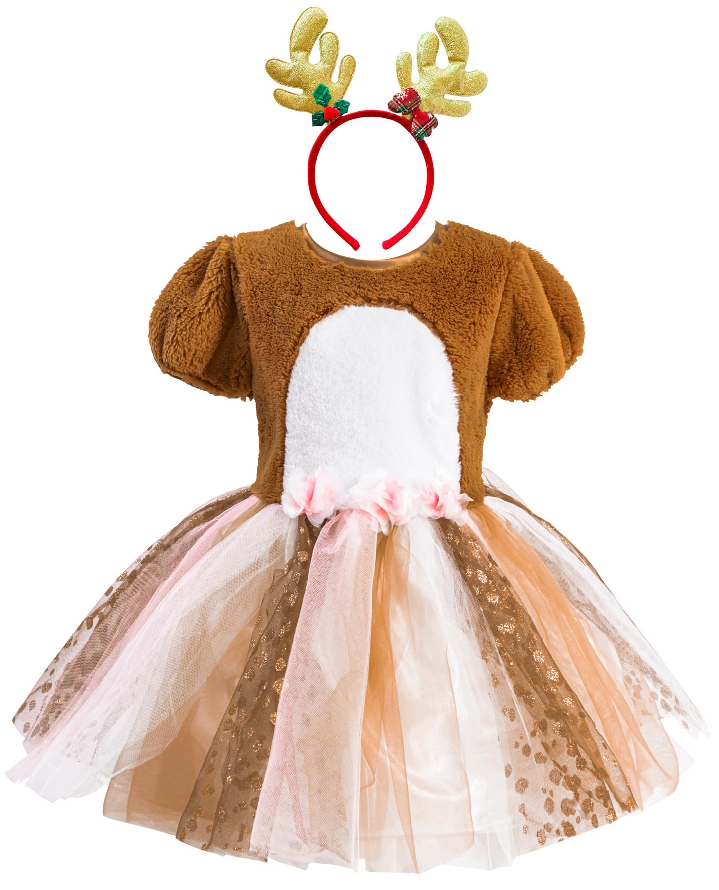 Ikali Girls Deer Fawn Costume, Christmas Party Fancy Tutu Dess Holiday Animal Theme Dress Up Role Play Reindeer Outfit With Head