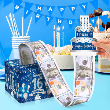 Blue Silver 16Th Birthday Money Box For Cash Gift Pull, Surprise Money Gift Money Box With Birthday Pull Out Card & 30Pcs Bags F