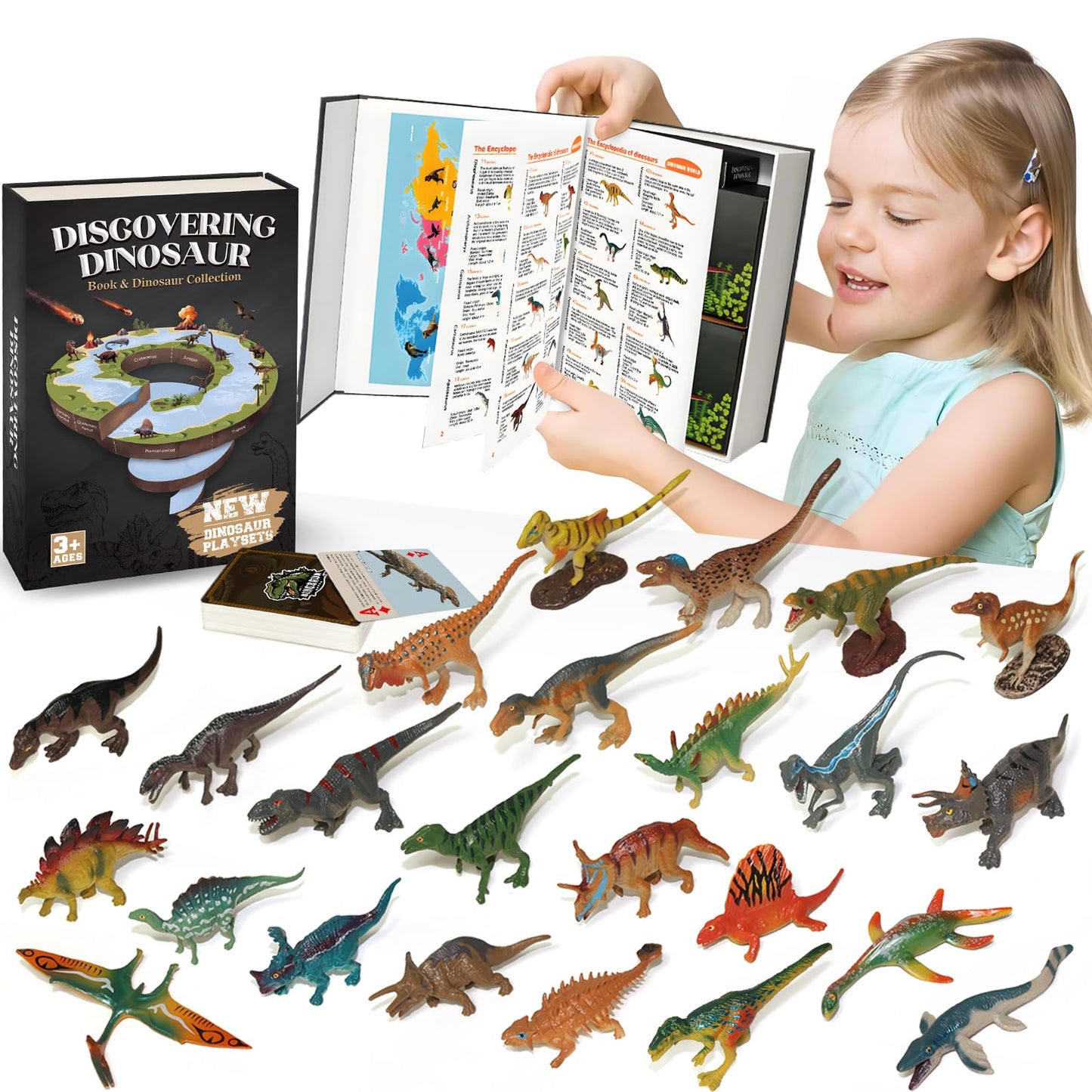 50 Realistic Dinosaur Toys For 3-7 Year-Old Kids, With Dinosaur Book & Dinosaur Learning Cards - Educational Small Dinosaur Figures For Dinosaur Party Favors, Dinosaur Gifts, Boys And Girls