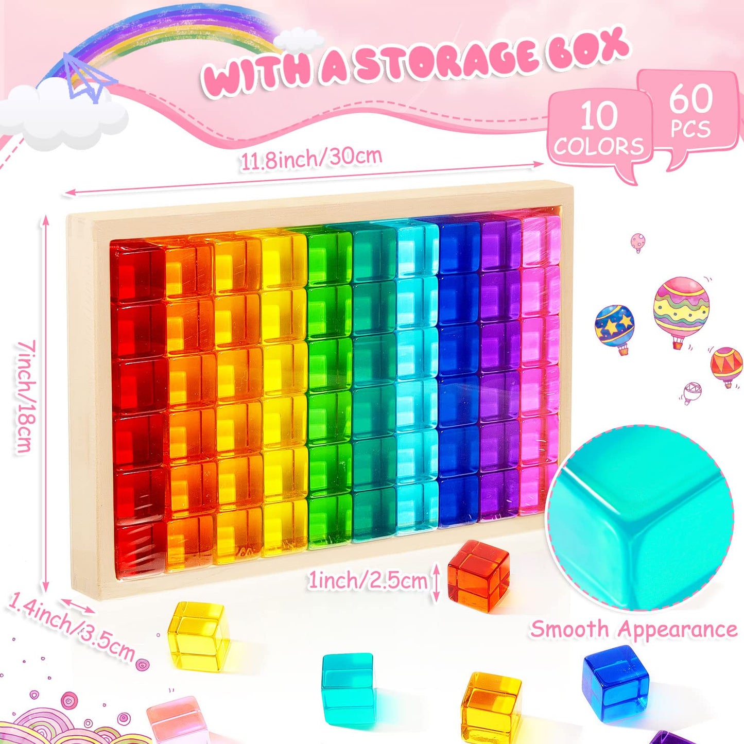 Meooeck 60 Pcs Acrylic Gem Cubes Blocks Translucent Rainbow Building Cubes Crystal Educational Sensory Training Stacking Toys with Wooden Storage Boxes School Supplies Birthday Gift