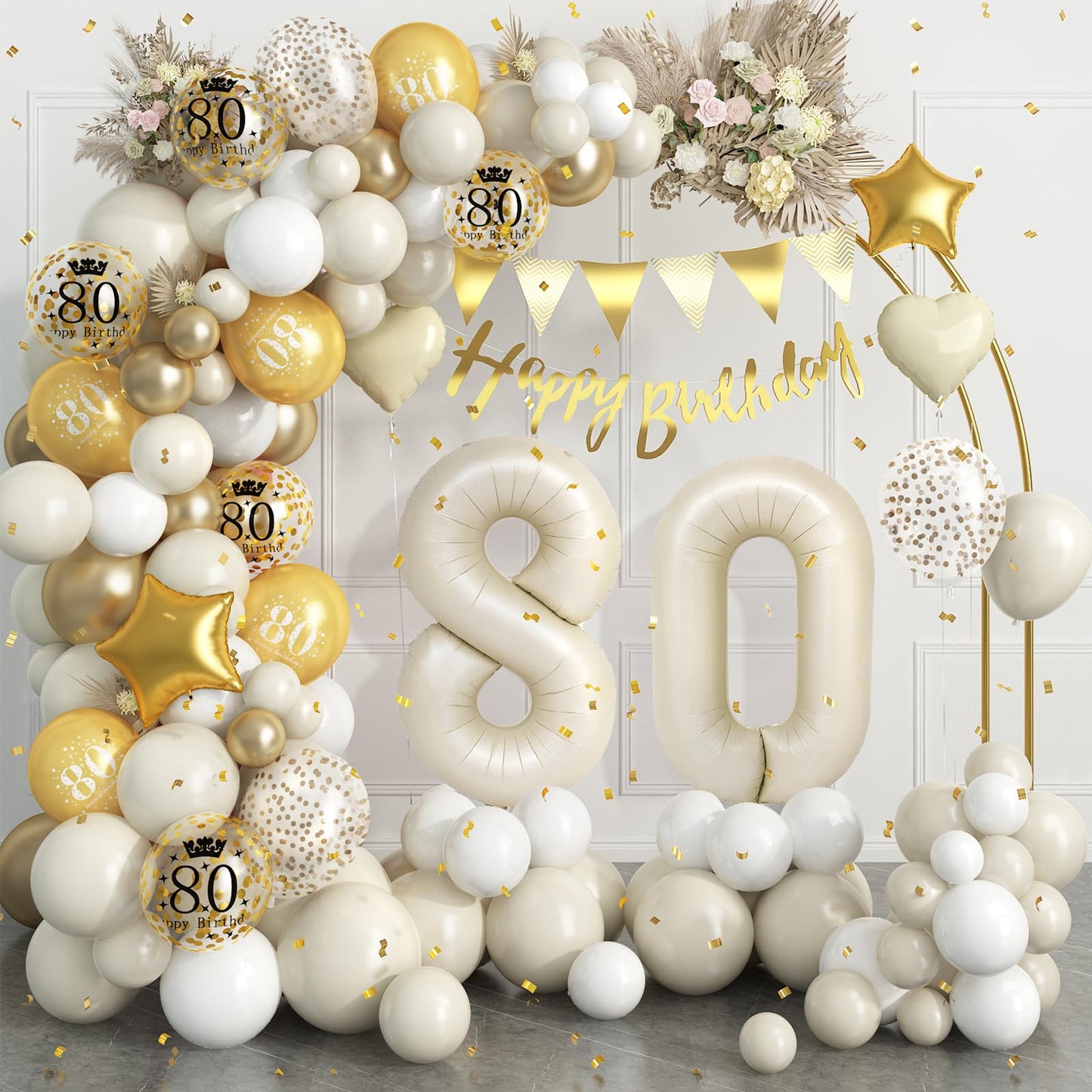 80Th Birthday Decorations Sand White Gold,80Th Birthday Balloon Arch Garland Kit With Happy 80Th Birthday Number 80 Foil Balloon