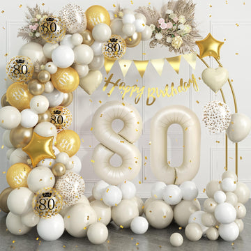 80Th Birthday Decorations Sand White Gold,80Th Birthday Balloon Arch Garland Kit With Happy 80Th Birthday Number 80 Foil Balloon