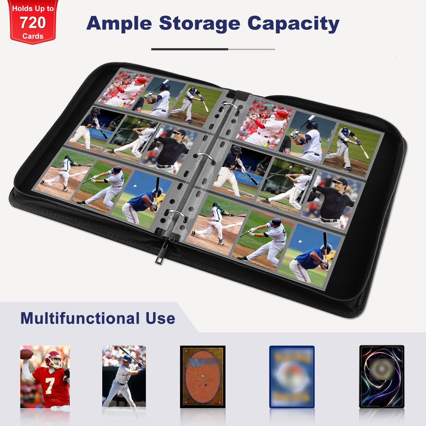 Mlikero Trading Card Binder, 9 Pocket Card Binder With Card Display, 720 Double Sided Pocket Sports Card Binder, Premium Card Bi