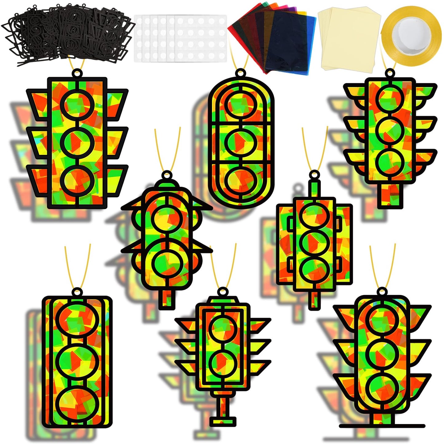 QOUBAI 32 Sets Traffic Light Suncatchers Craft Kit DIY Window Stained Glass Effect Traffic Lamp Paper Crafts Home School Classro