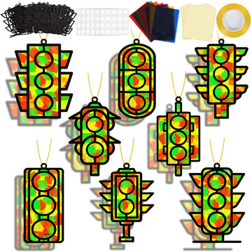QOUBAI 32 Sets Traffic Light Suncatchers Craft Kit DIY Window Stained Glass Effect Traffic Lamp Paper Crafts Home School Classro