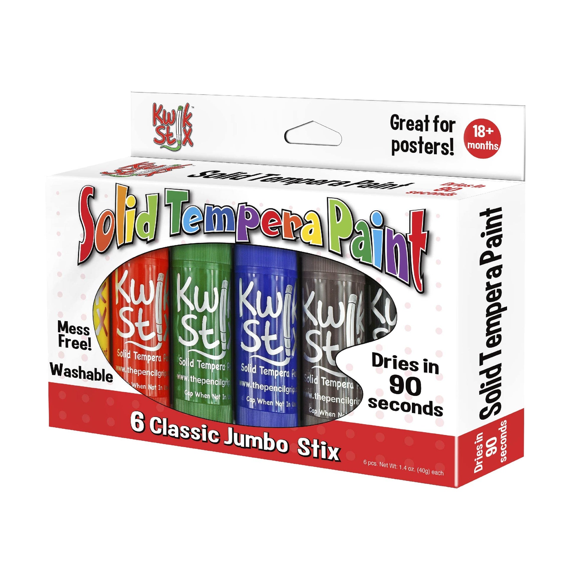 The Pencil Grip Kwik Stix Tempera Paints, Jumbo Tempera Paint Pens, 4 Times More Paint, Super Quick Drying, 6 Classic Colors- TP