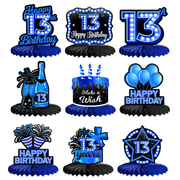 Happy 90th Birthday Honeycomb Centerpieces 9Pcs Stylish Sophisticated Blue Neon Theme Table Decor for Boys Girls Birthday Party 