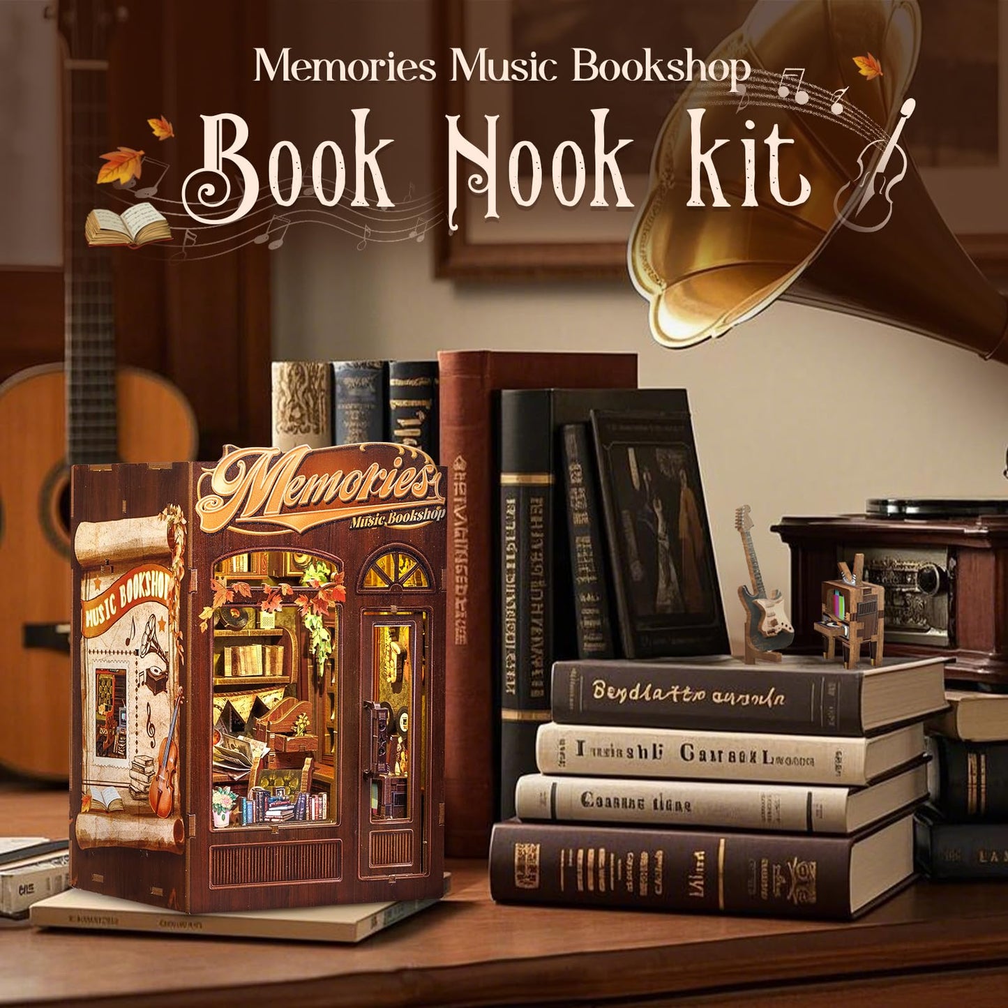 Fsolis Book Nook Kit  DIY Miniature Room House Kit for mature-themed Activity Bookshelf Decor Puzzle Booknook Gifts for Women Teenagers Craft Lovers(Memories Music Bookshop)