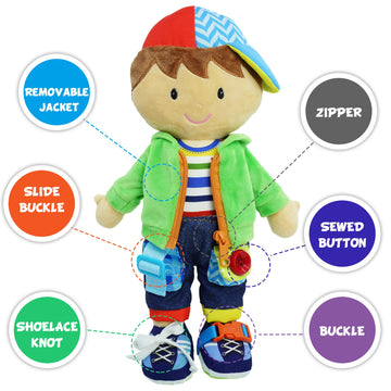 June Garden 15.5 Terry Dressy Friends Plush Doll - Educational Montessori Buckle Toy for Kids & Toddlers 2 Years and Up