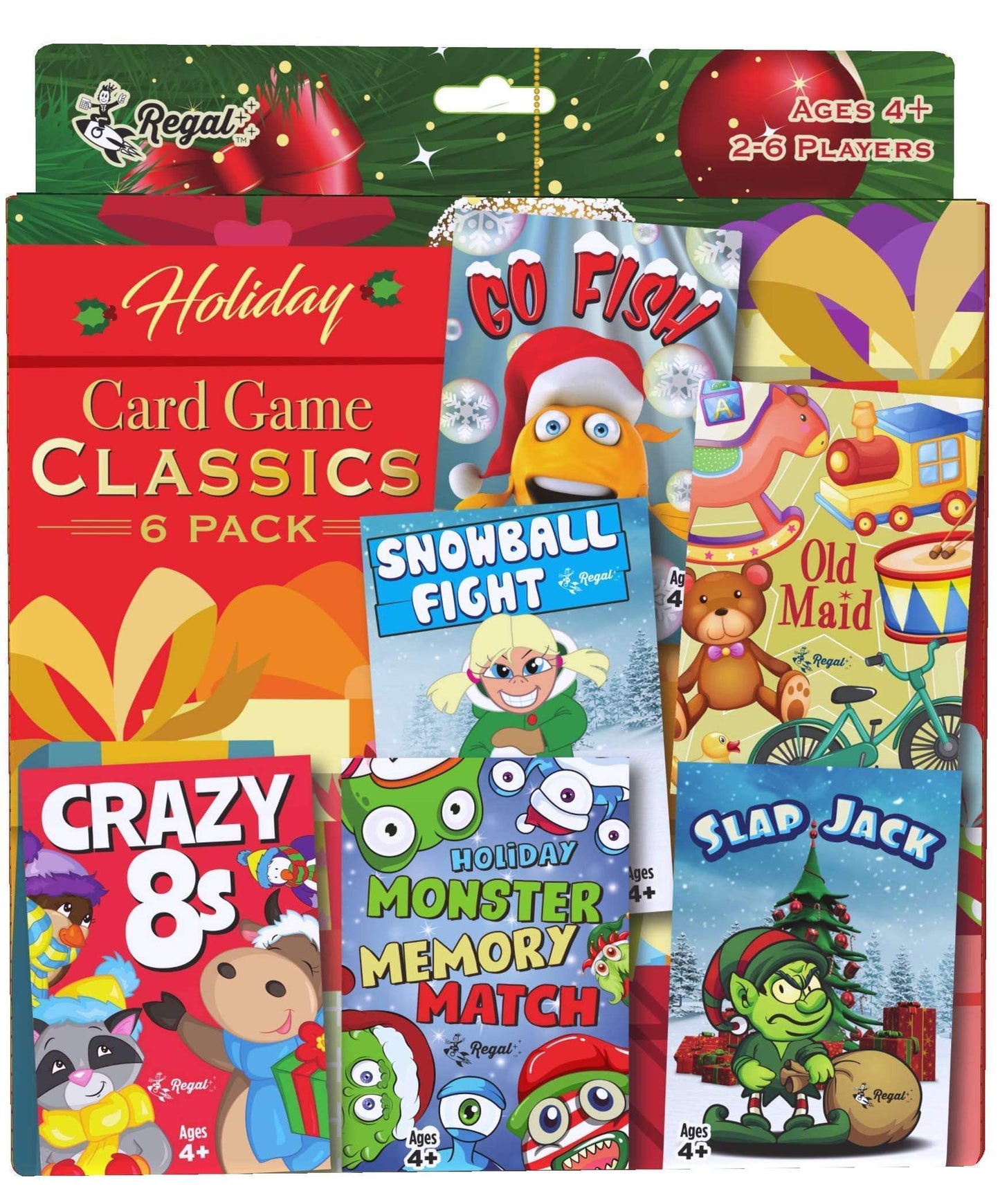 Regal Games Card Games for Kids - Holiday-Themed 6-Pack - Go Fish, Crazy 8's, Old Maid, Slap Jack, Monster Memory Match, Cardstock