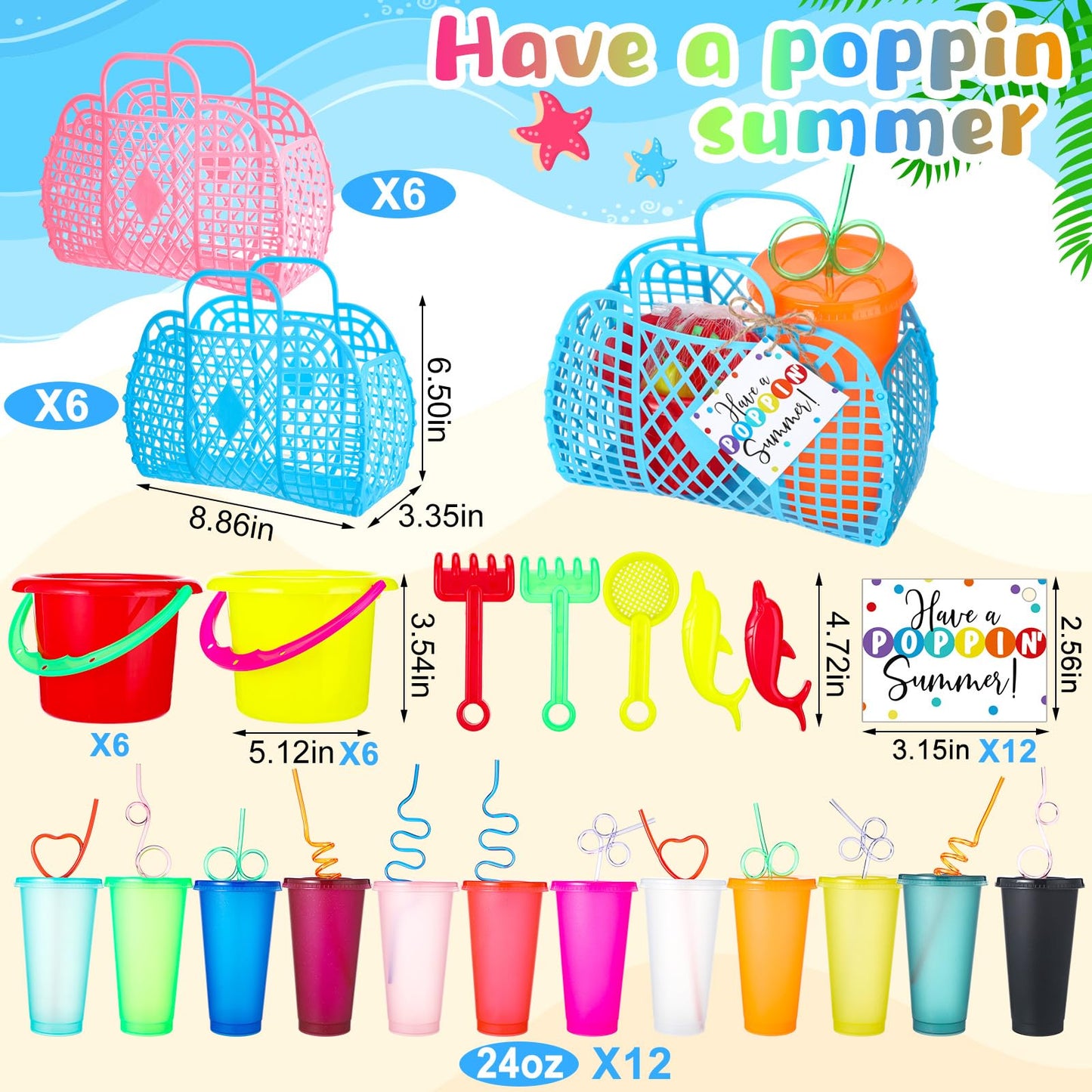 Simgoing Summer Beach Party Favors for Kids Bulk 73 Pcs Pool Gifts Include Sand Beach Buckets Baskets Cups Straws for Kindergart
