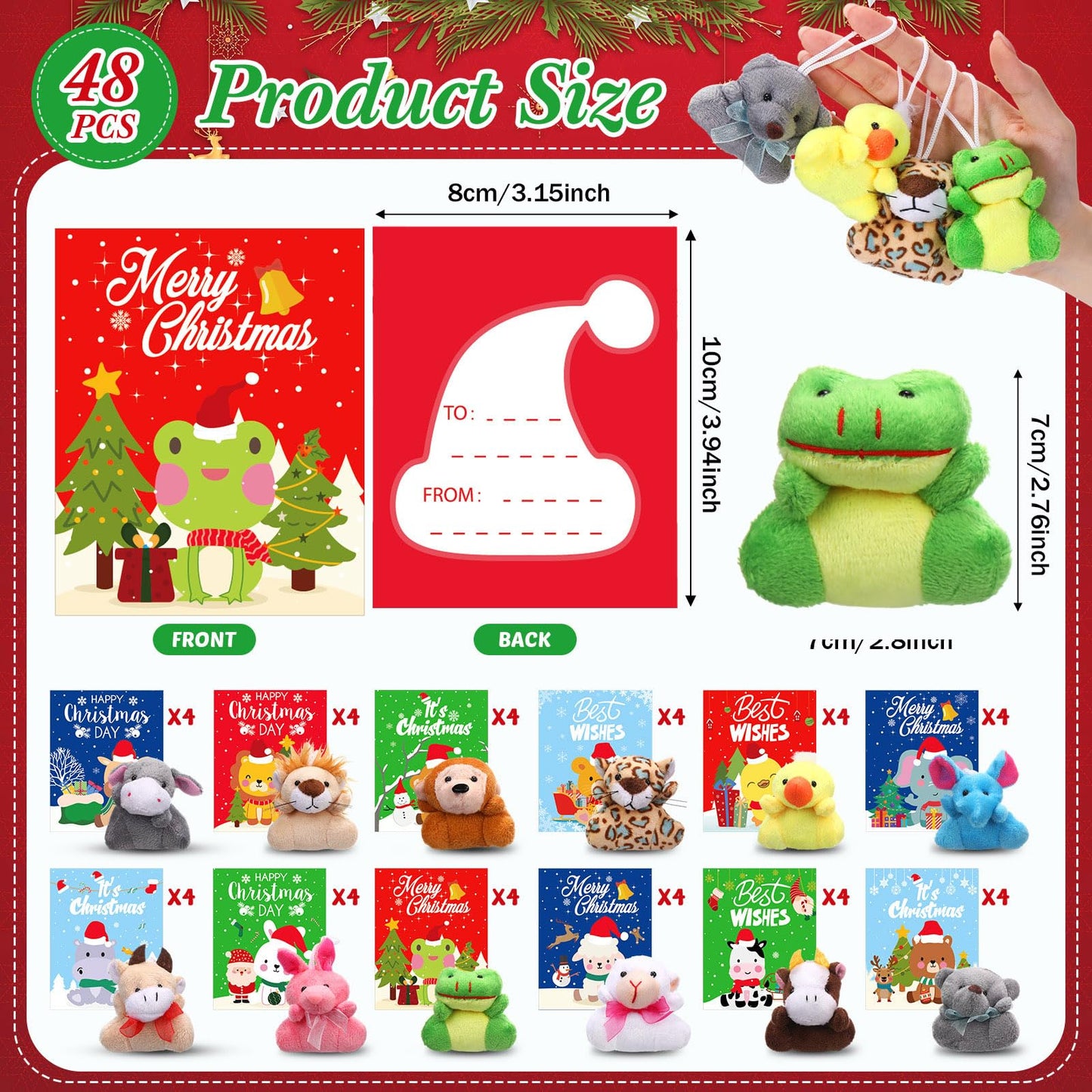 Motionchic 48 Set Mini Christmas Stuffed Animals Bulk with Winter Snowflakes Snowmen Cards Cute Plush Animals Keychain for Xmas