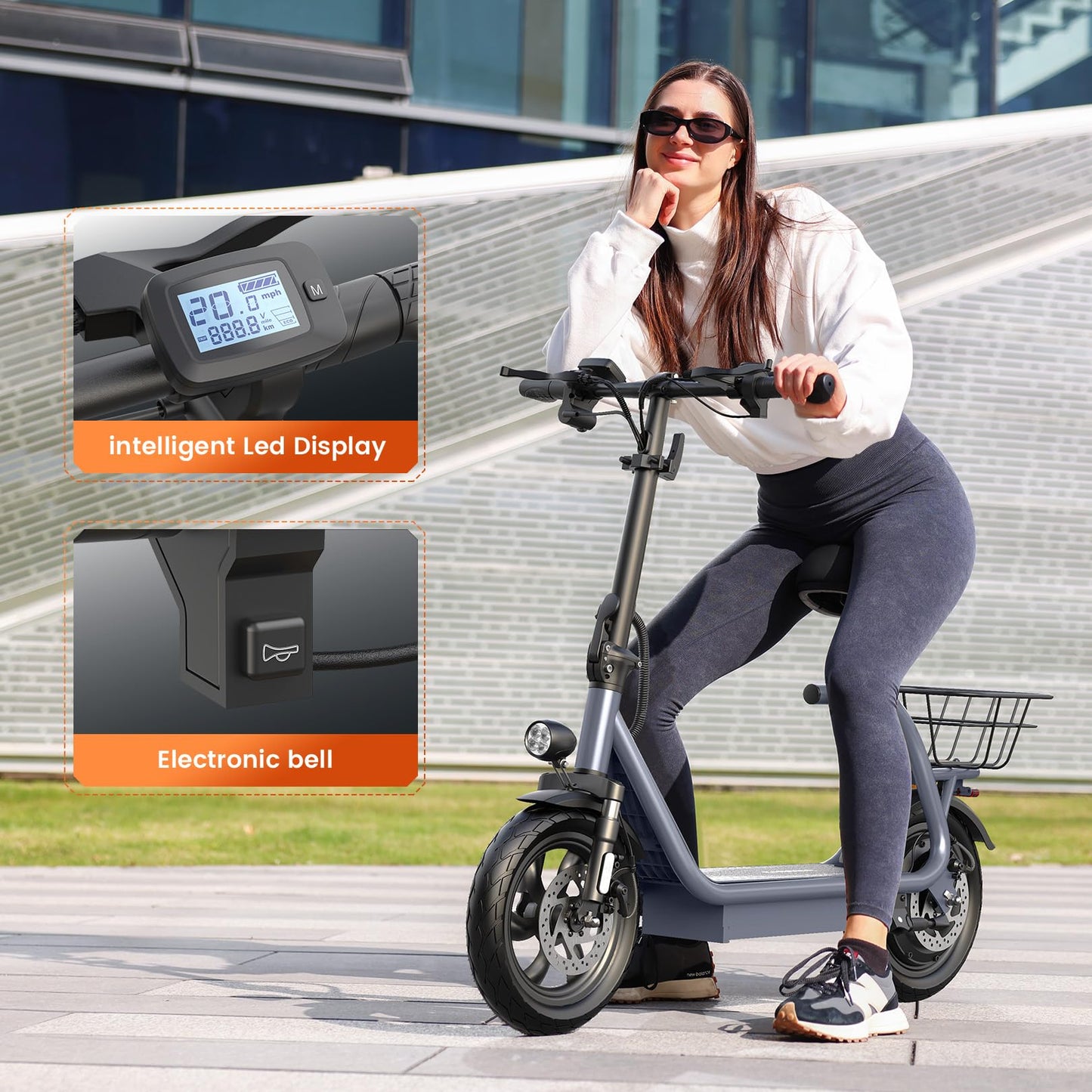 Caroma Peak 1200W Electric Scooter with Seat 30 Miles Range 20Mph Max Speed 12 Tire Foldable Electric Scooter for mature-themed 265lb Max Load(Grey)