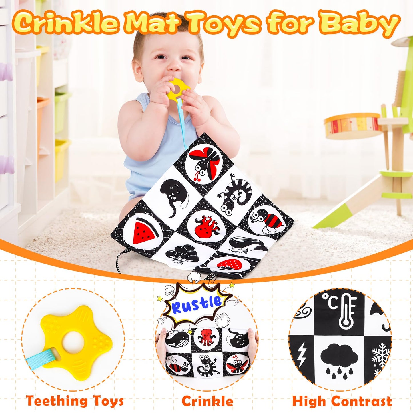 Black And White High Contrast Baby Toys 0-6 Months Montessori Tummy Time Toys Sensory Crinkle Toys For Baby Newborn Infant 0-3 3-6 Months Soft Cloth Books Carseat Toys For Baby Boy Girl Gifts