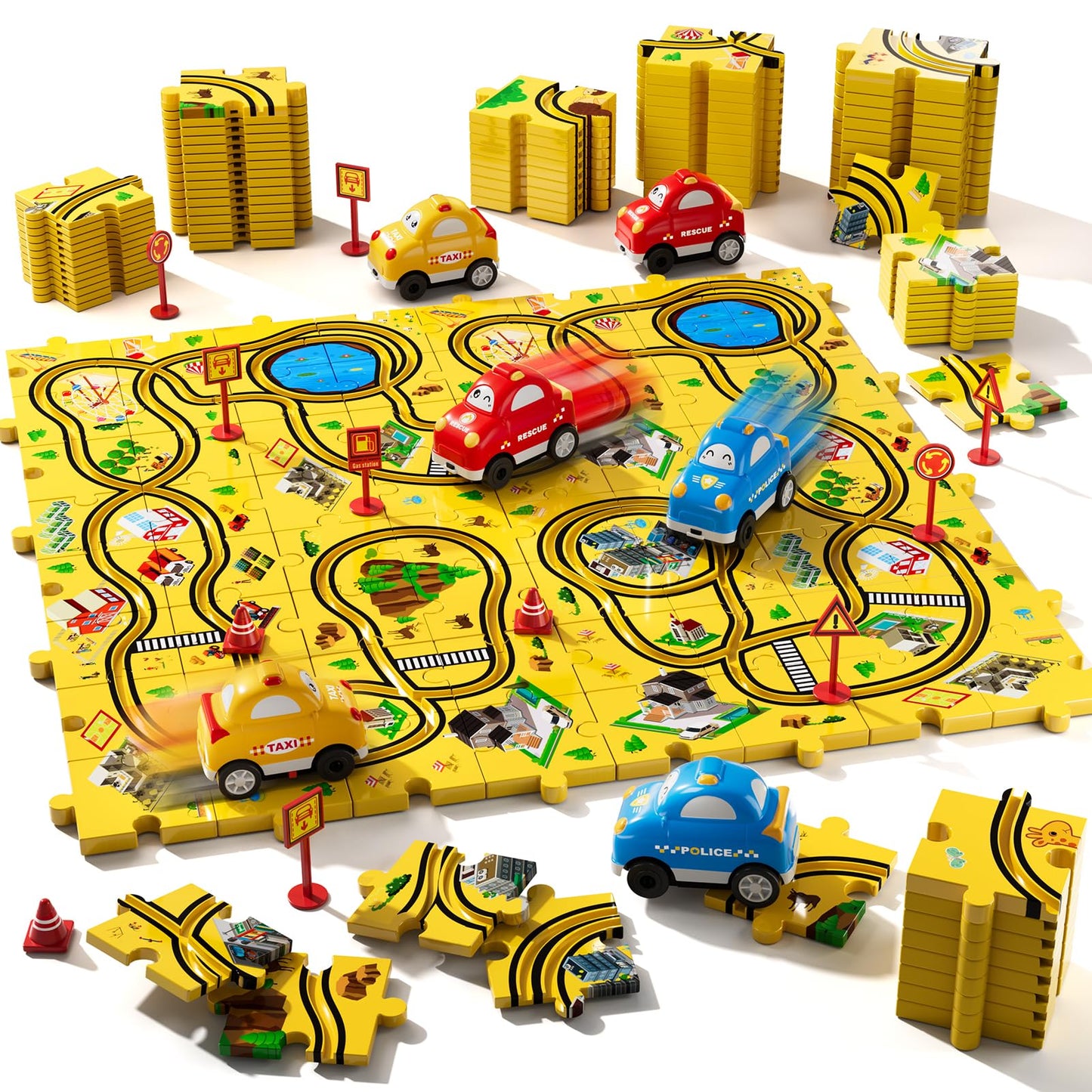Beby Buty 64 Pcs Puzzle City Race Cars Track Set Toys For Kids Boys, Puzzle Racer Kids Car Track Set Ages 3-5 4-6, Toys Gifts Fo
