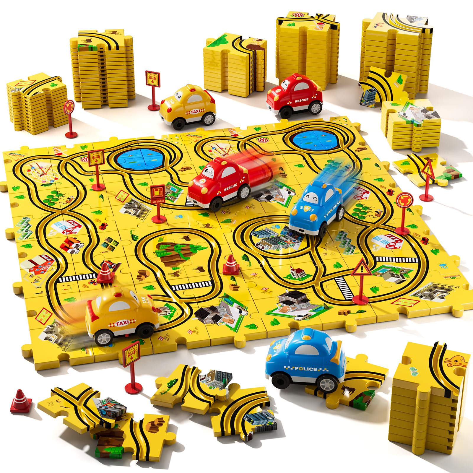 Beby Buty 64 Pcs Puzzle City Race Cars Track Set Toys For Kids Boys, Puzzle Racer Kids Car Track Set Ages 3-5 4-6, Toys Gifts Fo