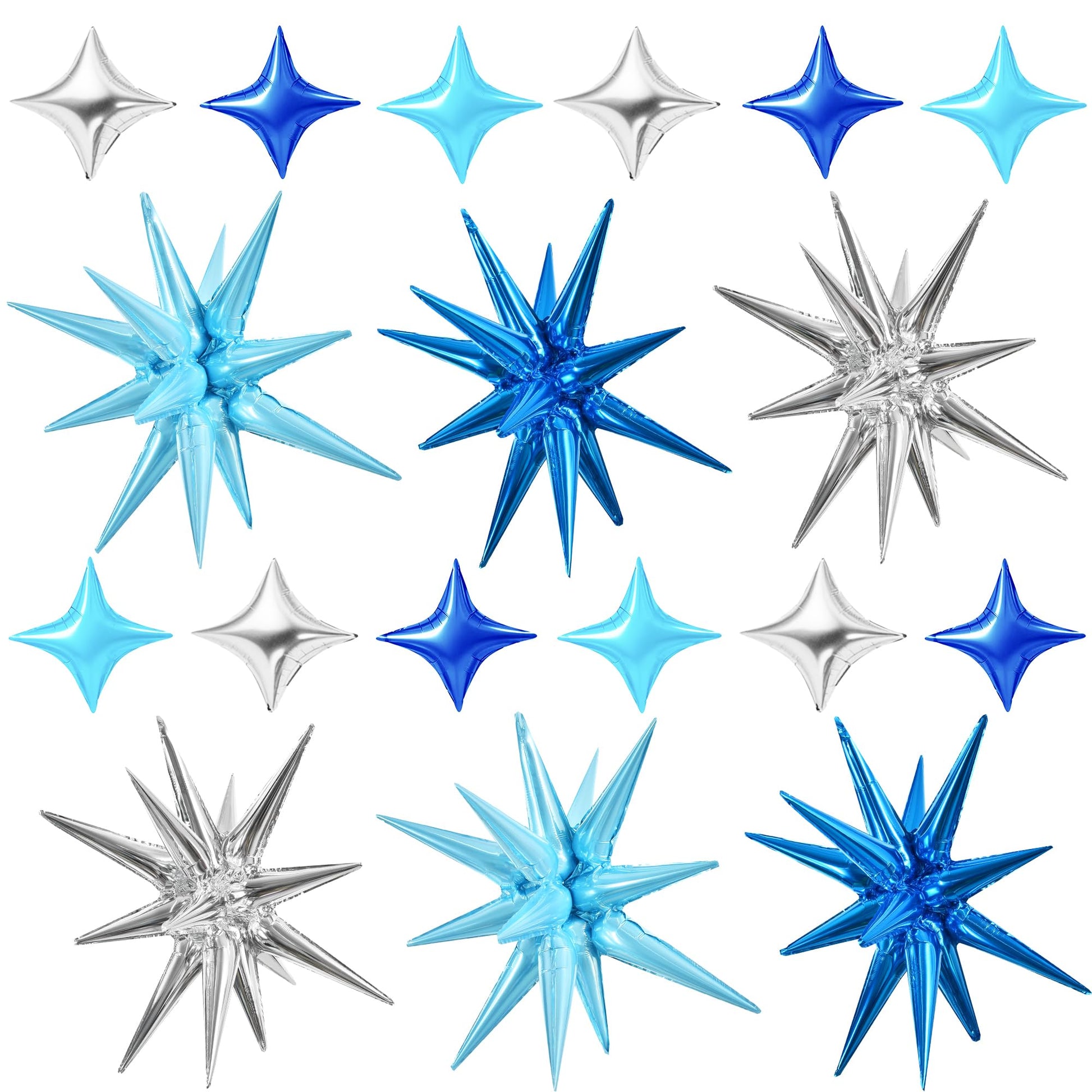 TONIFUL 18Pcs 22Inch Blue Silver Large Explosion Star Mylar Balloons and 10Inch Four Pointed Star Balloons Set for Christmas New