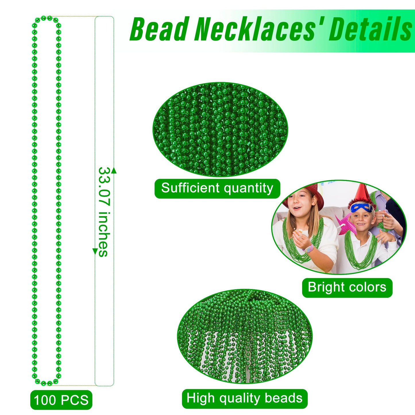 100PCS St Patricks Day Accessories, Green St. Patricks Day Beads Necklace, 33'' Round Beads Irish Saint Patricks Necklaces Costu