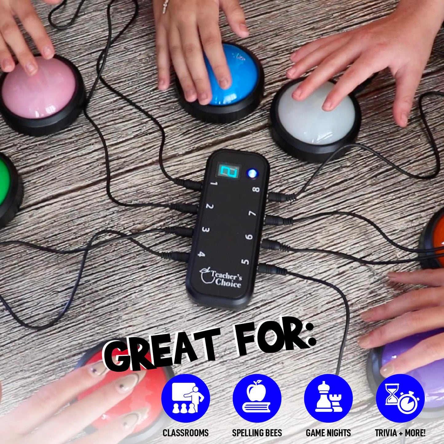 Teacher's Choice Light Up Game Buzzer System - 8 Pack, Plastic, Multiple Colors, Unique Sounds for Trivia Games