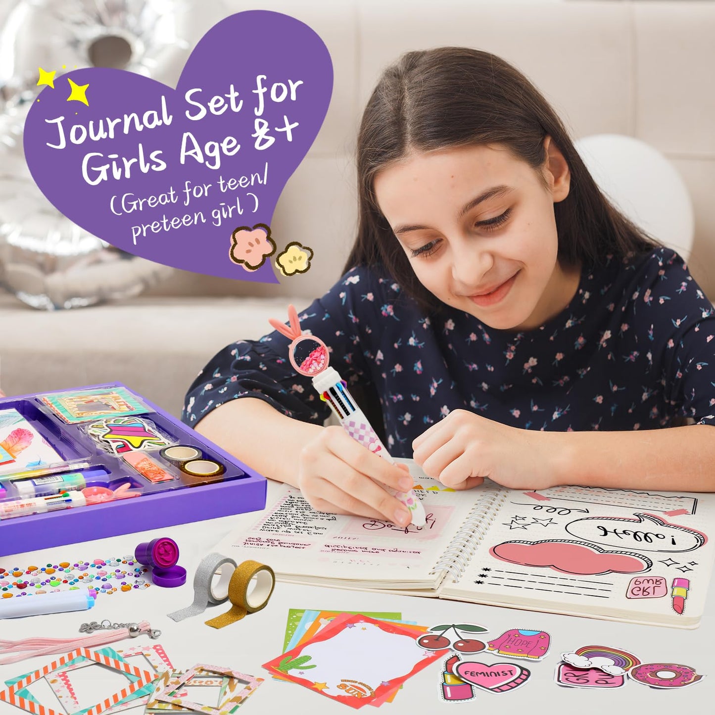 Baloriz Diy Journal Kit For Girls - 150+Pcs Ideal Gifts For Girls Ages 8 9 10 11 12 13 14 Year Old, Diy Journaling Set For Tween