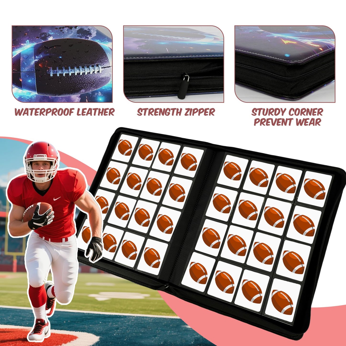 Football Card Binder 16 Pocket  enhanced 1000+ Cards PU Cover Trading Sports Card Binder Side Loading Card Holder Collection Album Folders