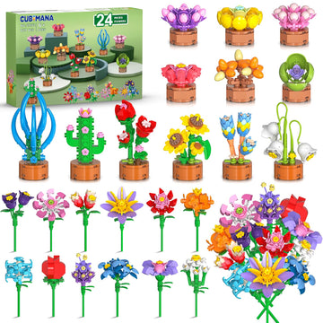 24 Pack Flowers Party Favors For Kids Building Set - 827Pcs Succulents 3.6Mm Mini Building Blocks Toy For Easter Basket Stuffers