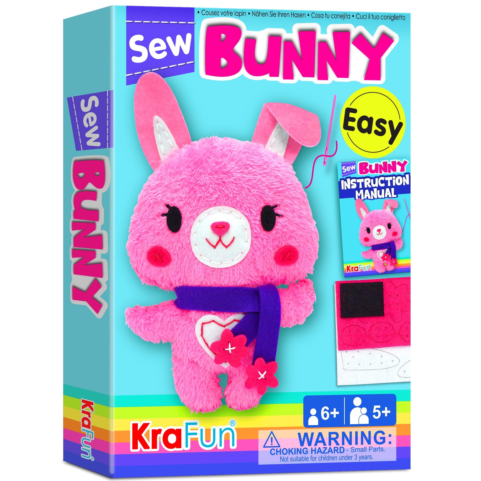 Krafun Sewing Kit For Kids Beginner My First Art & Craft, Includes Bunny Doll Stuffed Animal, Instructions & Plush Felt Materials For Learn To Sew, Embroidery, Age 7 8 9 10 11 12