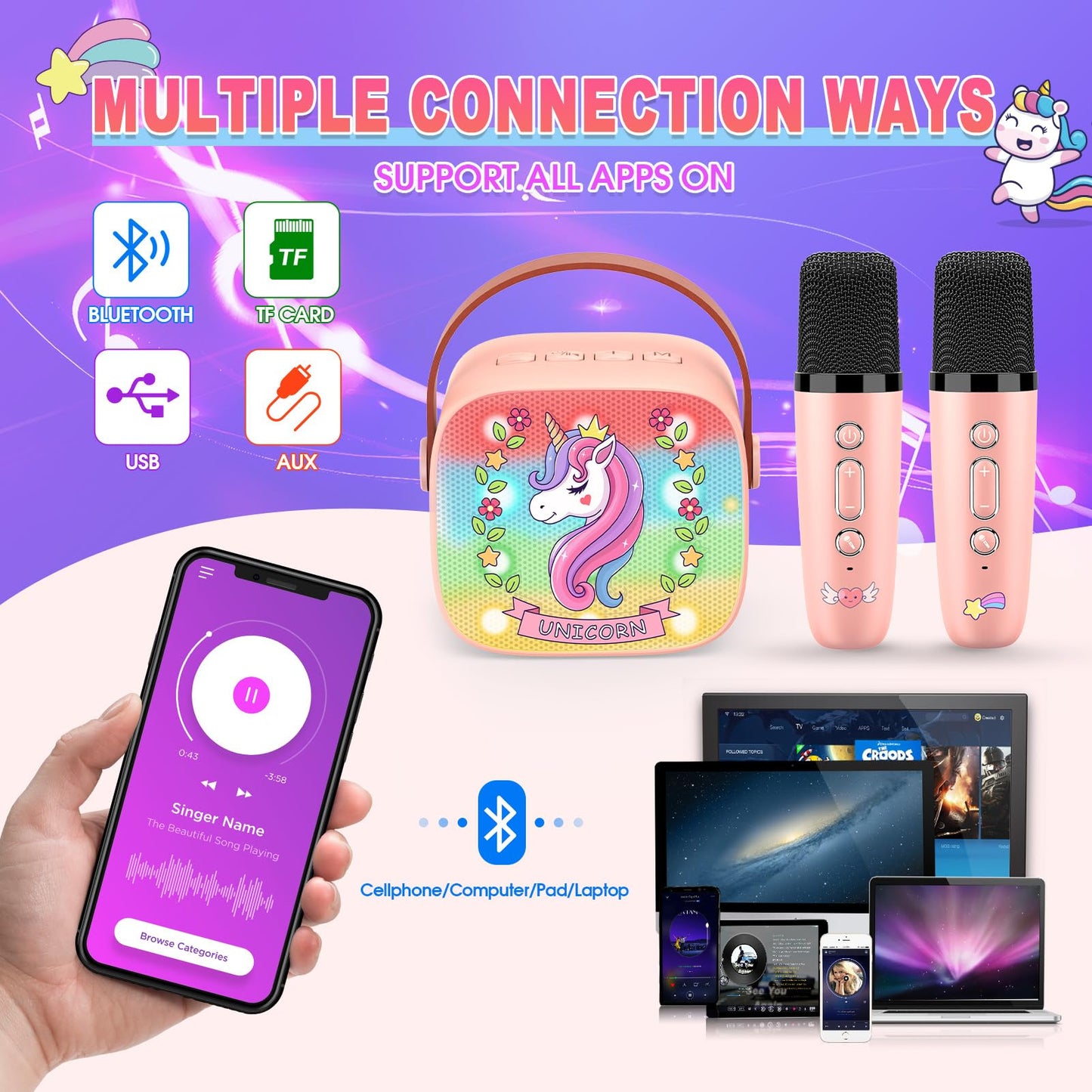 Unicorn Mini Karaoke Machine Toys: Kids Toys Girls Birthday Gifts Age 3-12+ LED Portable Bluetooth Speaker with 2 Wireless Microphone Gift Toy for 4 5 6 7 8 9 Years Old Girl Boy Kid mature-themed