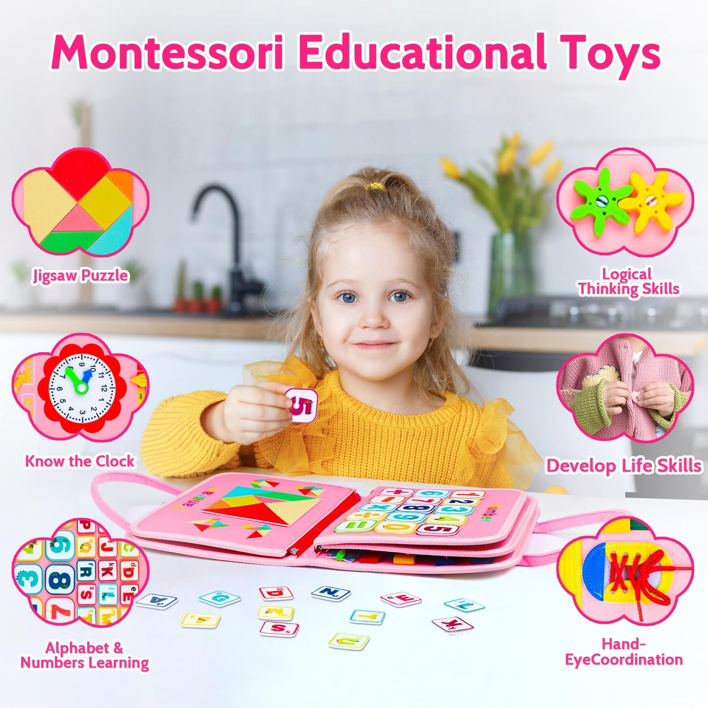Ronstone Busy Board Book,8 In 1Toddler Montessori Toys For 18 Months Toddler-Girls Birthday Gifts,Easter Sensory Toys For Toddle