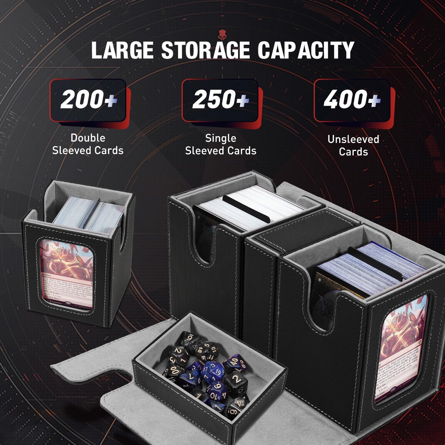 TiMOVO MTG Deck Box  Commander Deck Case Fits 200+ Double-Sleeved Cards  Magnetic Leather Card Storage Box with 2 Commander Display & 4Dividers & Dice Tray Fit YuGiOh TCG CCG Magic Cards  Black+Gray