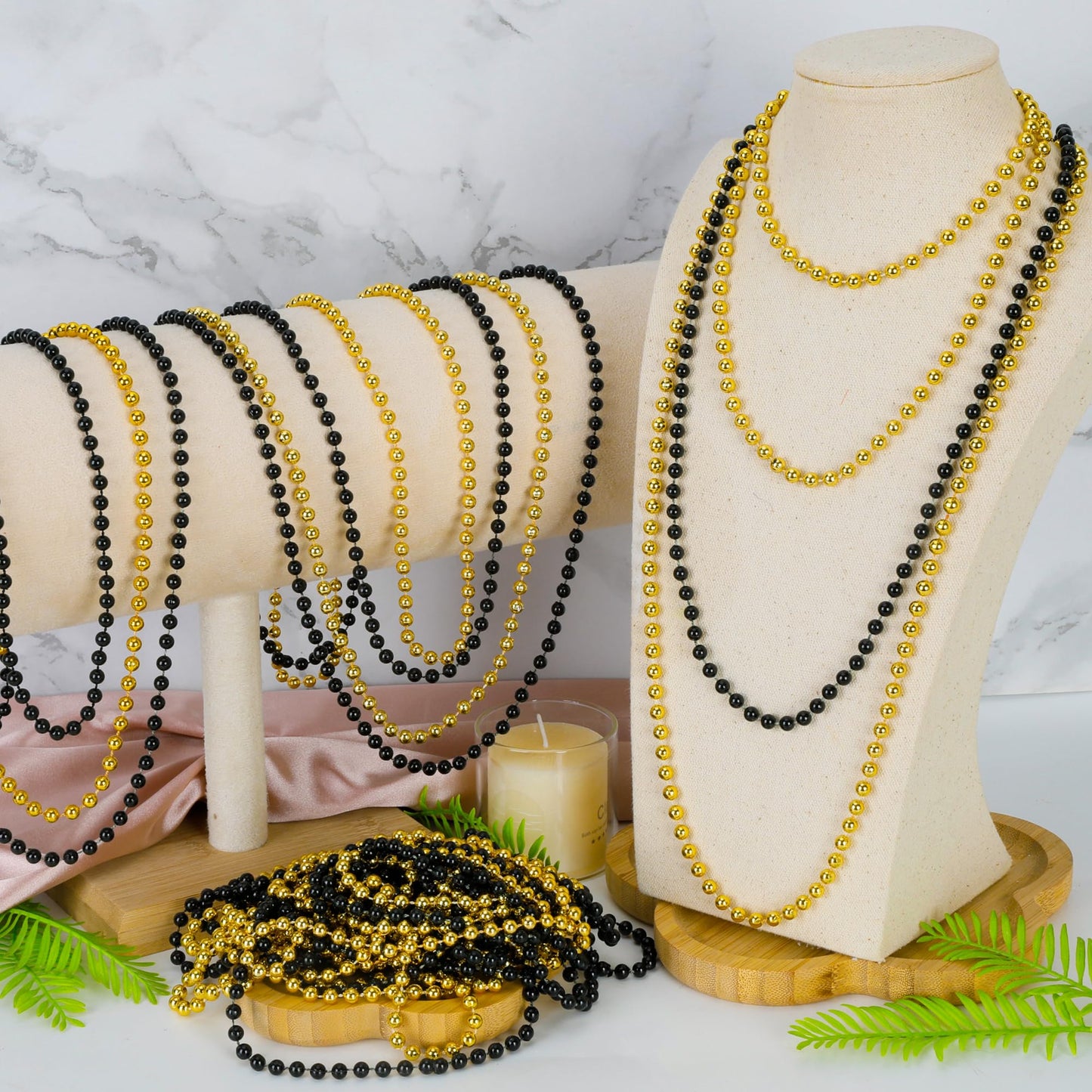 12 Pcs Mardi Gras Beads Bulk, New Year Beaded Necklaces, 33'' Blackgold Beads Graduation Beaded Stuff Set, Carnival Round Costum