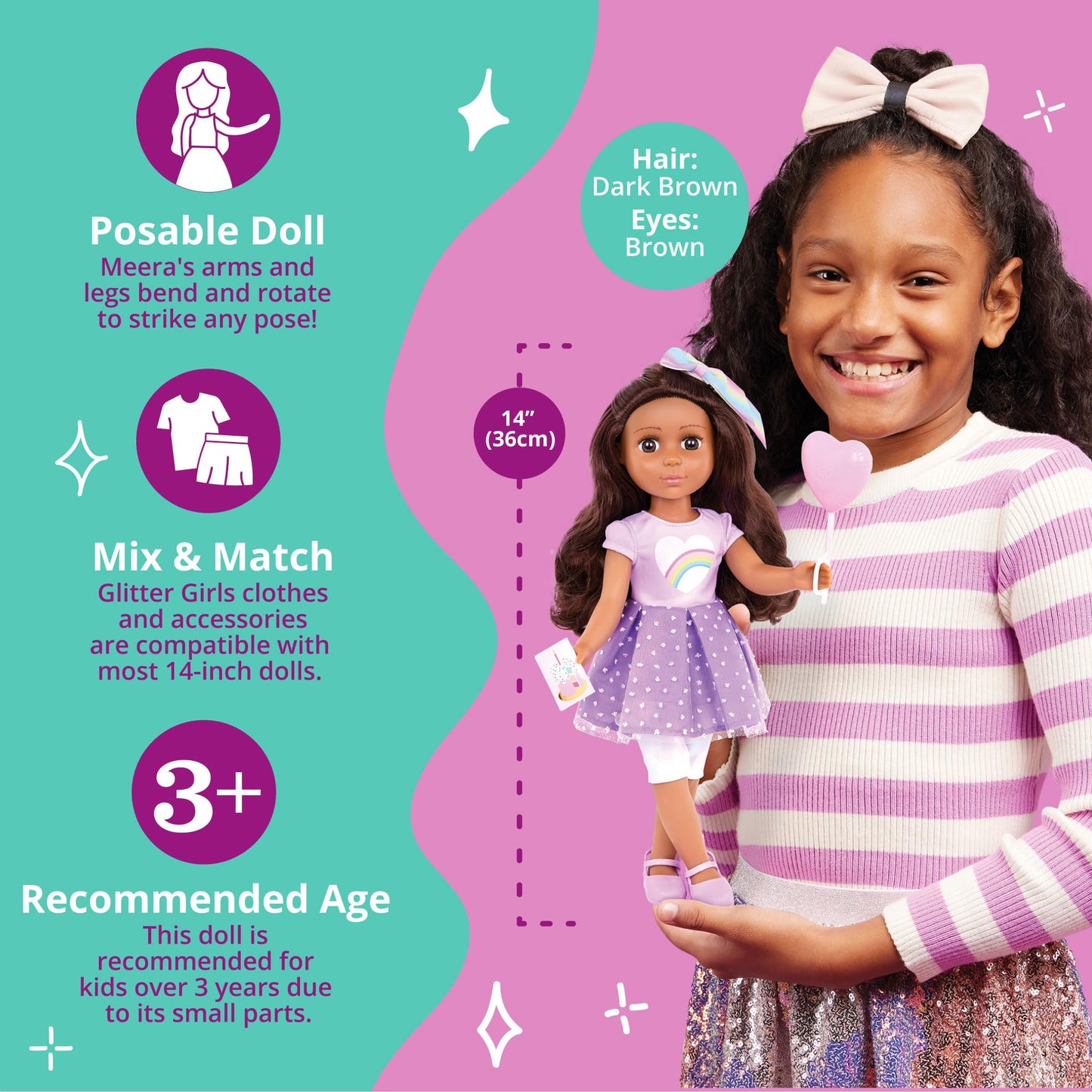 Glitter Girls - 14-inch Posable Doll - Birthday Party Accessories - Balloon, Toy Present & More - Toys for Kids 3 Years+ - Meera