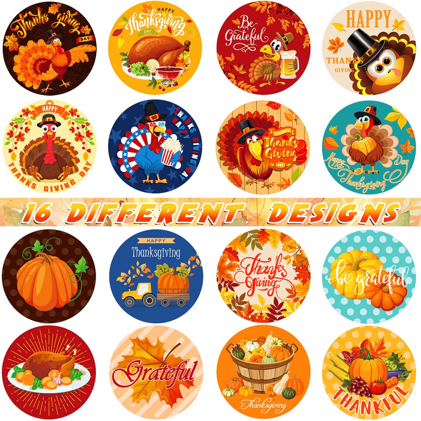Zonon 1000 Pieces Thanksgiving Party Stickers Round Funny Turkey Label Stickers Pumpkin Maple Leaf Adhesive Decals Autumn Theme Seal Stickers For Thanksgiving Fall Party Decorations