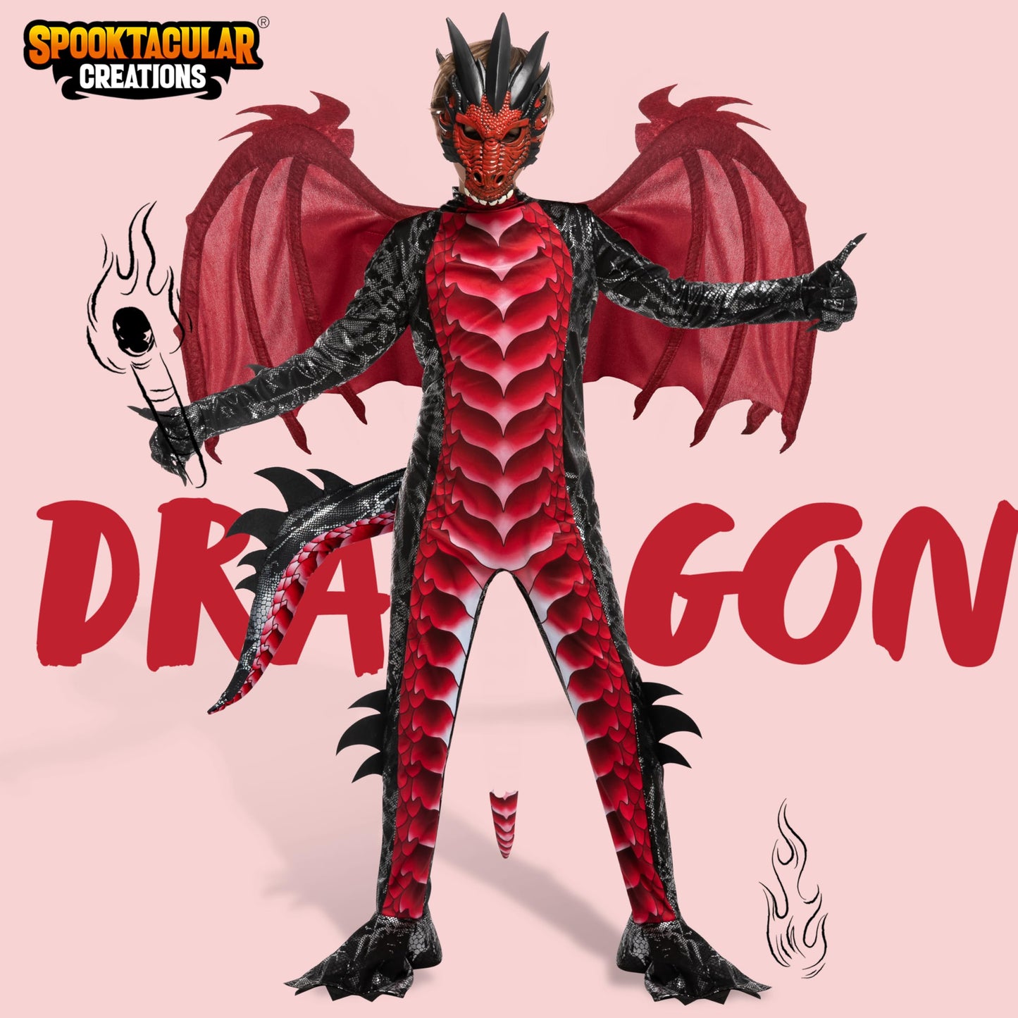 Spooktacular Creations Halloween Kids Red And Black Dragon Costume, Boys Dragon Wings, Tail And Mask Set For Halloween Dress Up-L(10-12Yr)