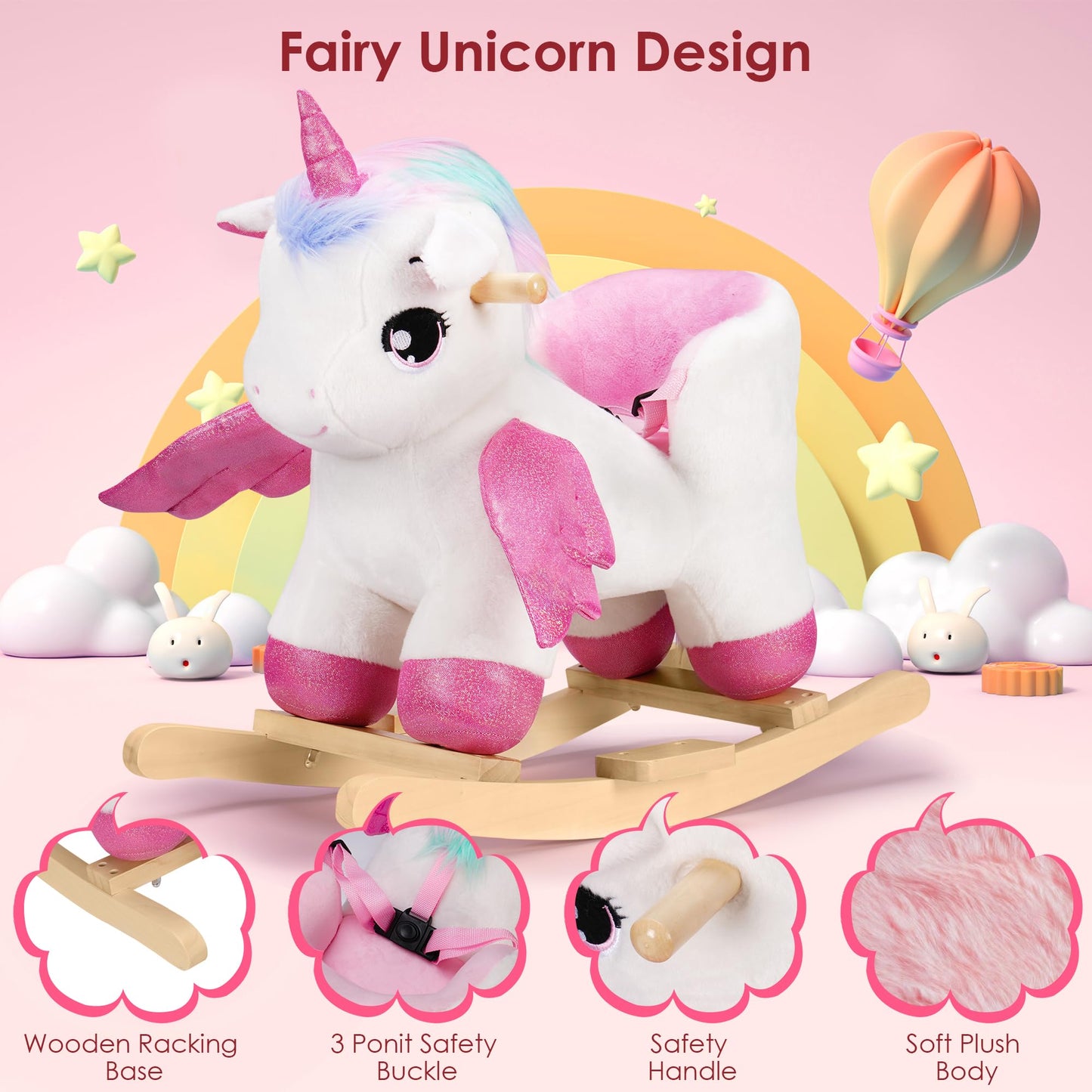 Rengue Unicorn Baby Rocking Horse, Toddler Kids Pink Fairy Unicorn Rocking Horse With Wooden Base Seat Safety Belt For 6 Months