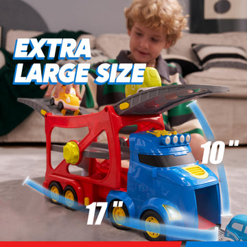 VROOMIX 7-in-1 Extra Large City Truck Toys for Boys Girls, Big Transport Vehicle Carrier Truck with 6 Cars, Extendable Head, Sou