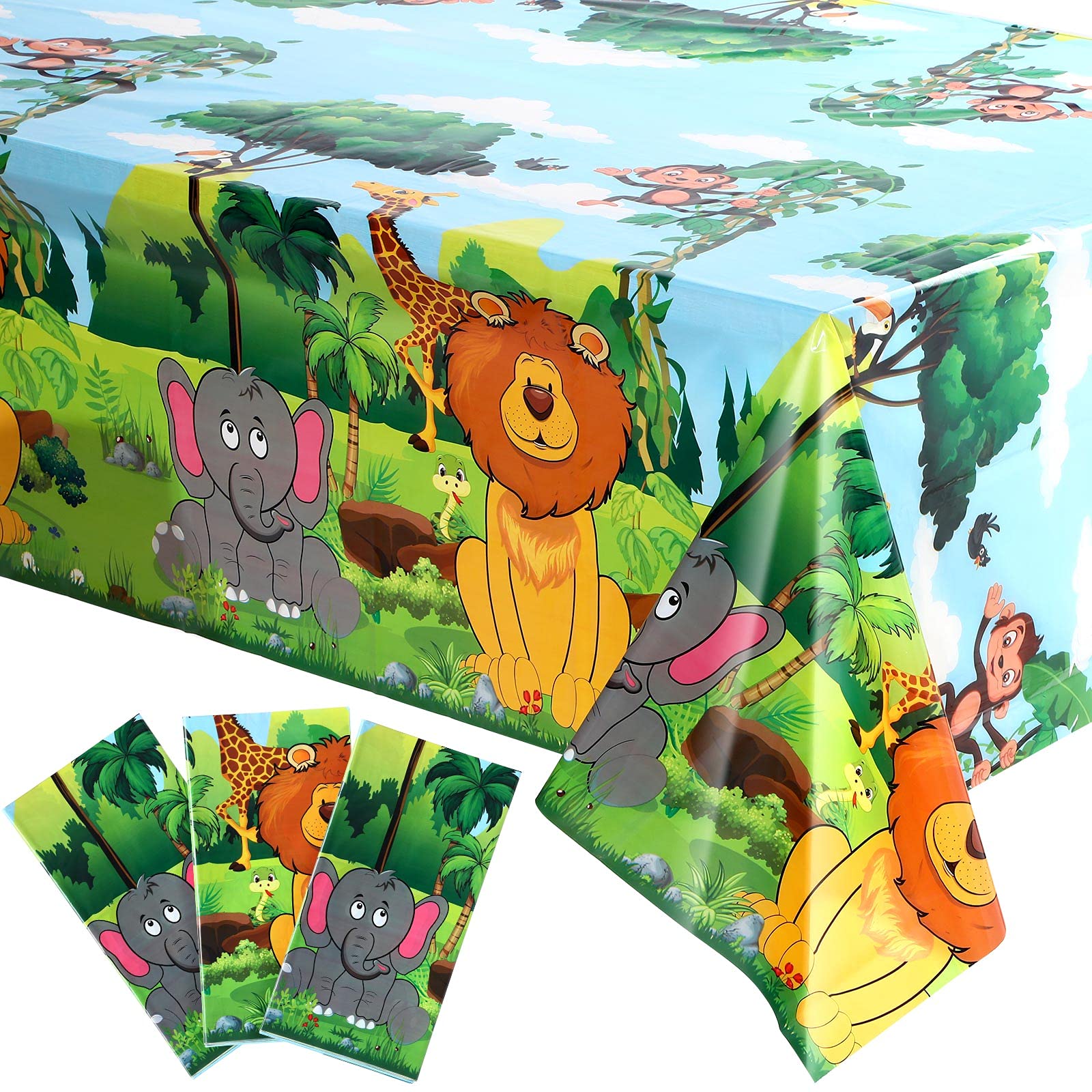 Tatuo 3 Pcs Jungle Animal Party Tablecloth 54 x 108 Inch Safari Animals Table Cover Plastic Zoo Jungle Wild Creatures Printed Di