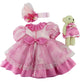 American Fashion World Pink Flower Dress 3 Piece Set for 18-Inch Dolls | Bear and Headband Included | enhanced Quality & Trendy Design | Dolls Clothes | Outfit Fashions for Dolls for Popular Brands