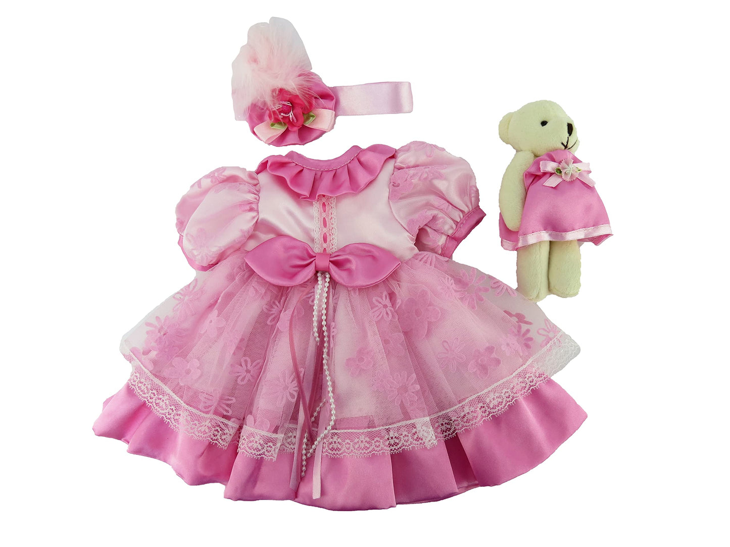 American Fashion World Pink Flower Dress 3 Piece Set for 18-Inch Dolls | Bear and Headband Included | enhanced Quality & Trendy Design | Dolls Clothes | Outfit Fashions for Dolls for Popular Brands