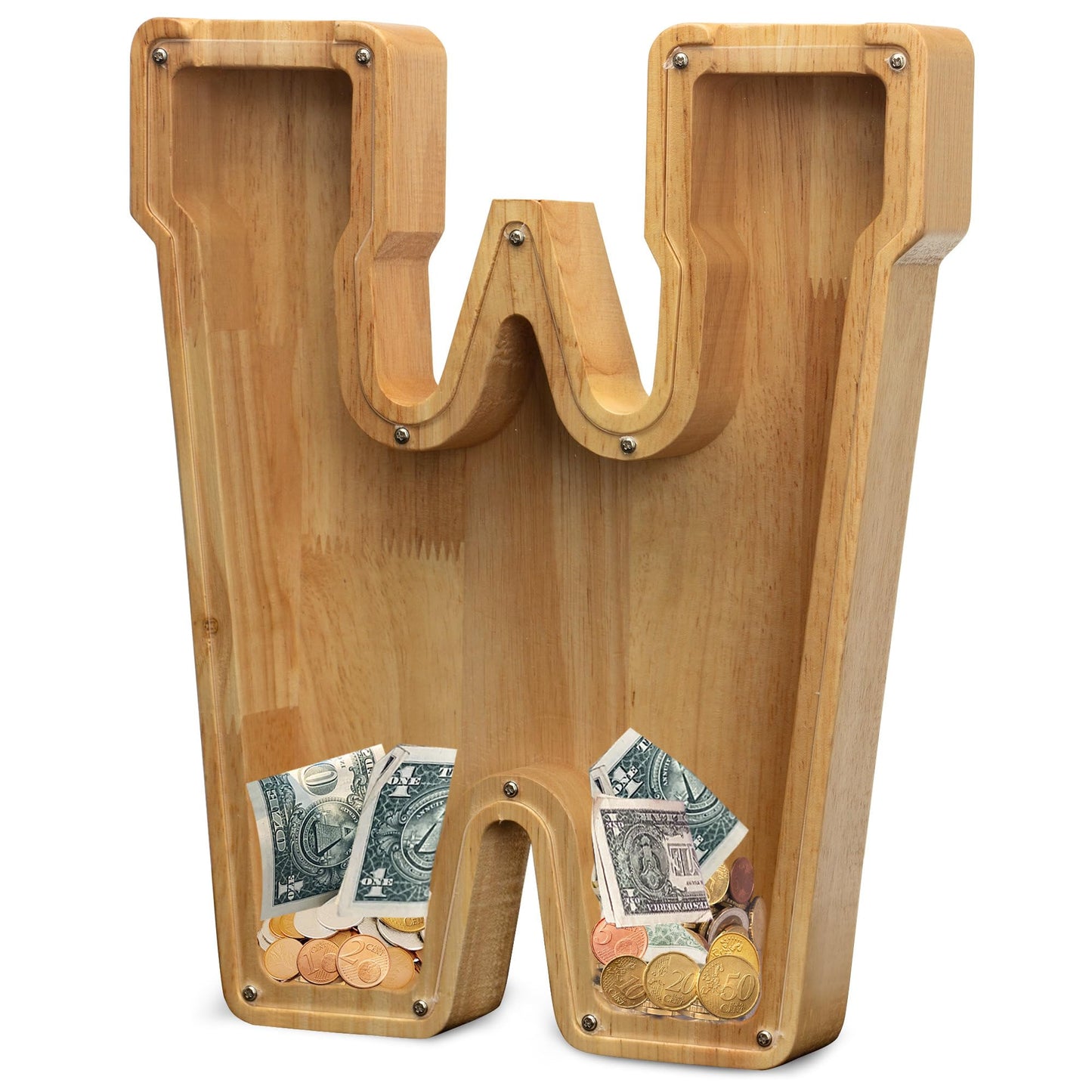Aorcmitn Extra Large Wooden Letter Coin Piggy Bank For Boys Girls Kids Toddler Alphabet W Money Bank (Initial-W-12)