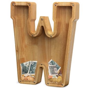Aorcmitn Extra Large Wooden Letter Coin Piggy Bank For Boys Girls Kids Toddler Alphabet W Money Bank (Initial-W-12)