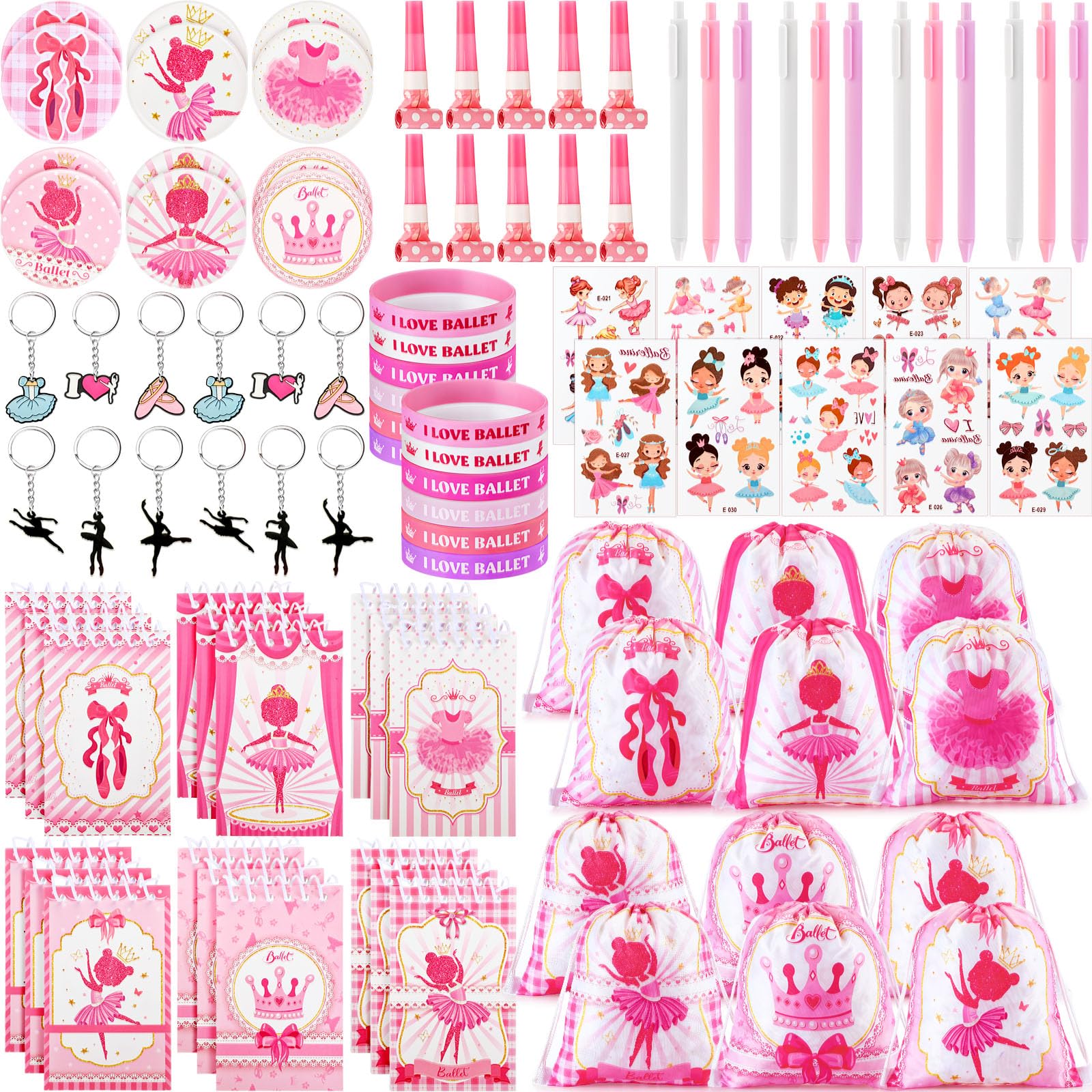 Yeaqee 98 Pcs Ballerina Party Favors Include Ballet Drawstring Backpacks Silicone Bracelets Keychains Blowouts Small Spiral Note