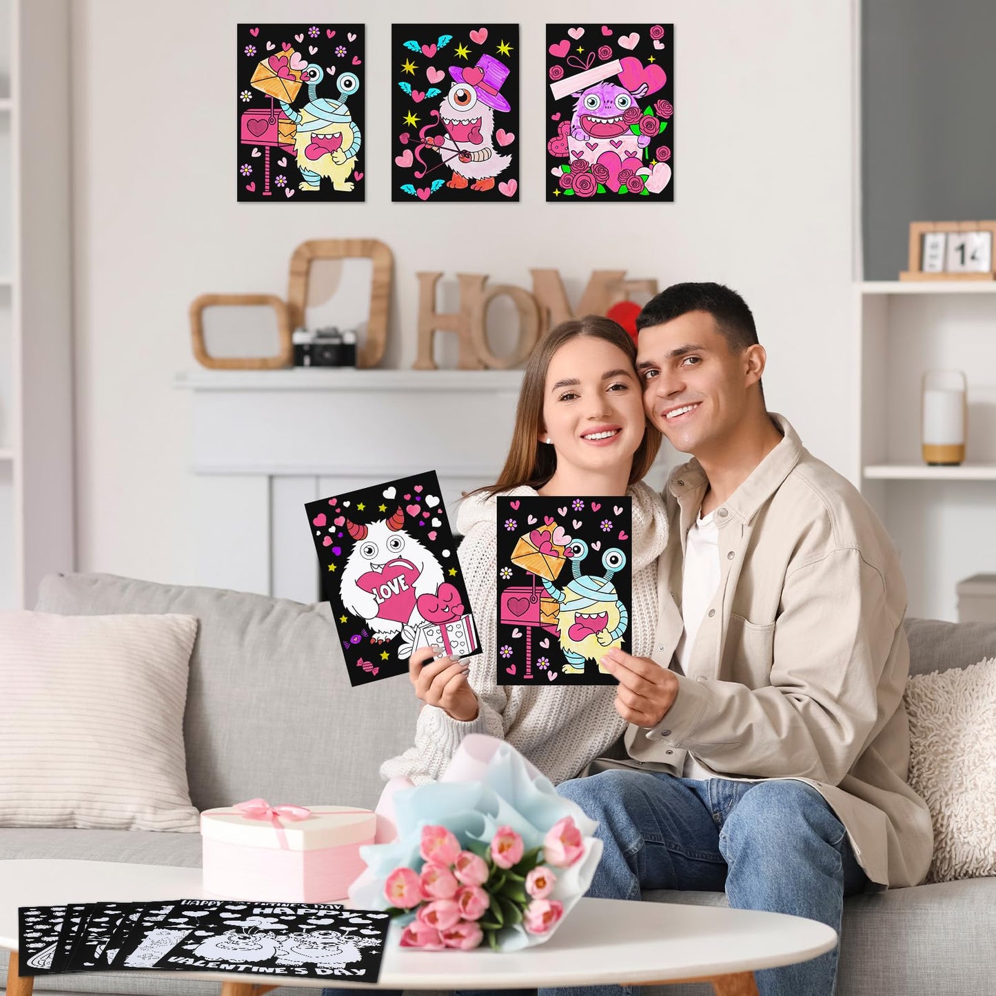 Zhanmai 30 Pcs Valentines Day Coloring Posters Monster DIY Valentines Crafts Bulk Color Your Own Crafts Heart Monster Posters D