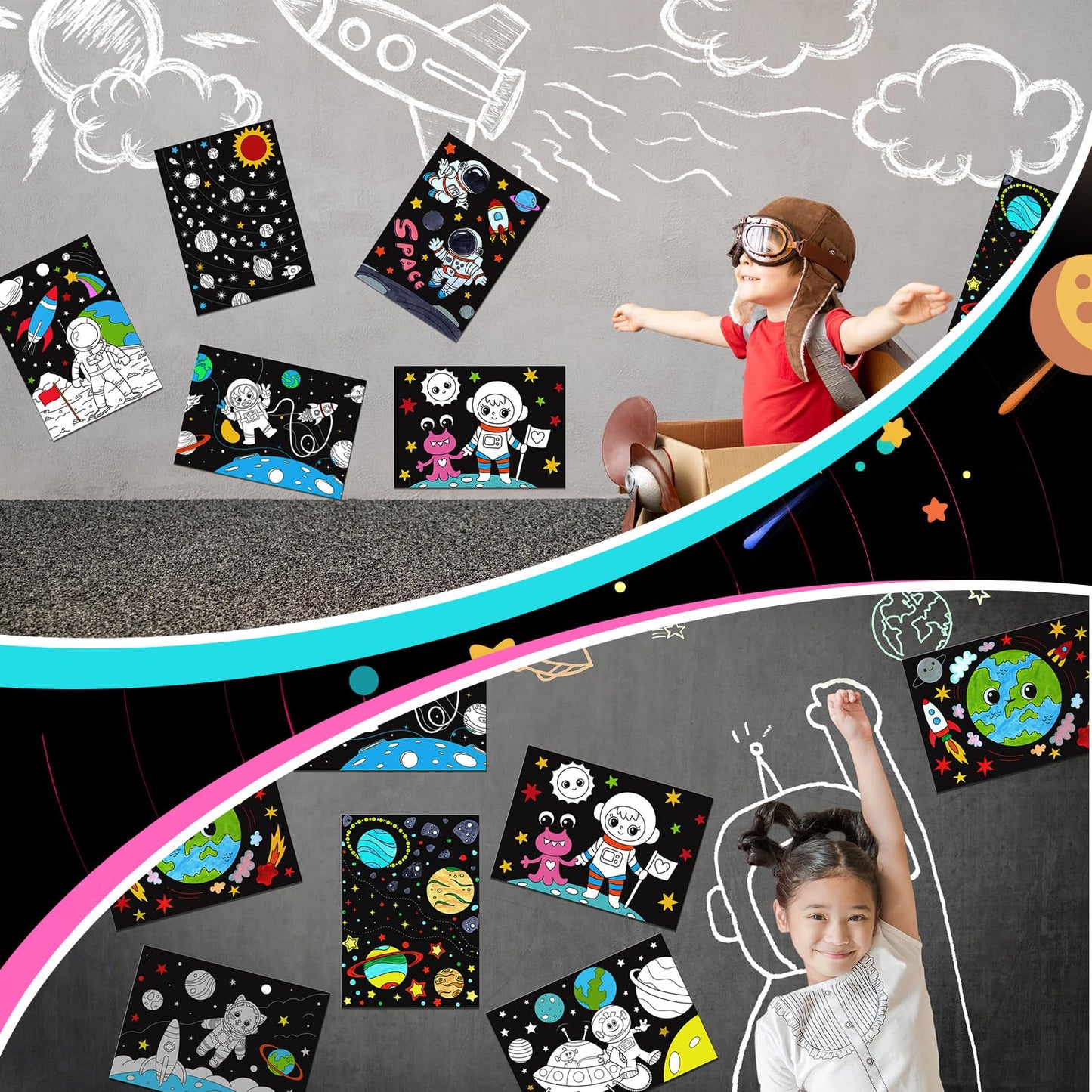 Zhanmai 30 Pcs Color Your Own Funny Outer Space DIY Posters Star Planet Astronaut Spacecraft Instrument Crafts Bulk Space Wall A