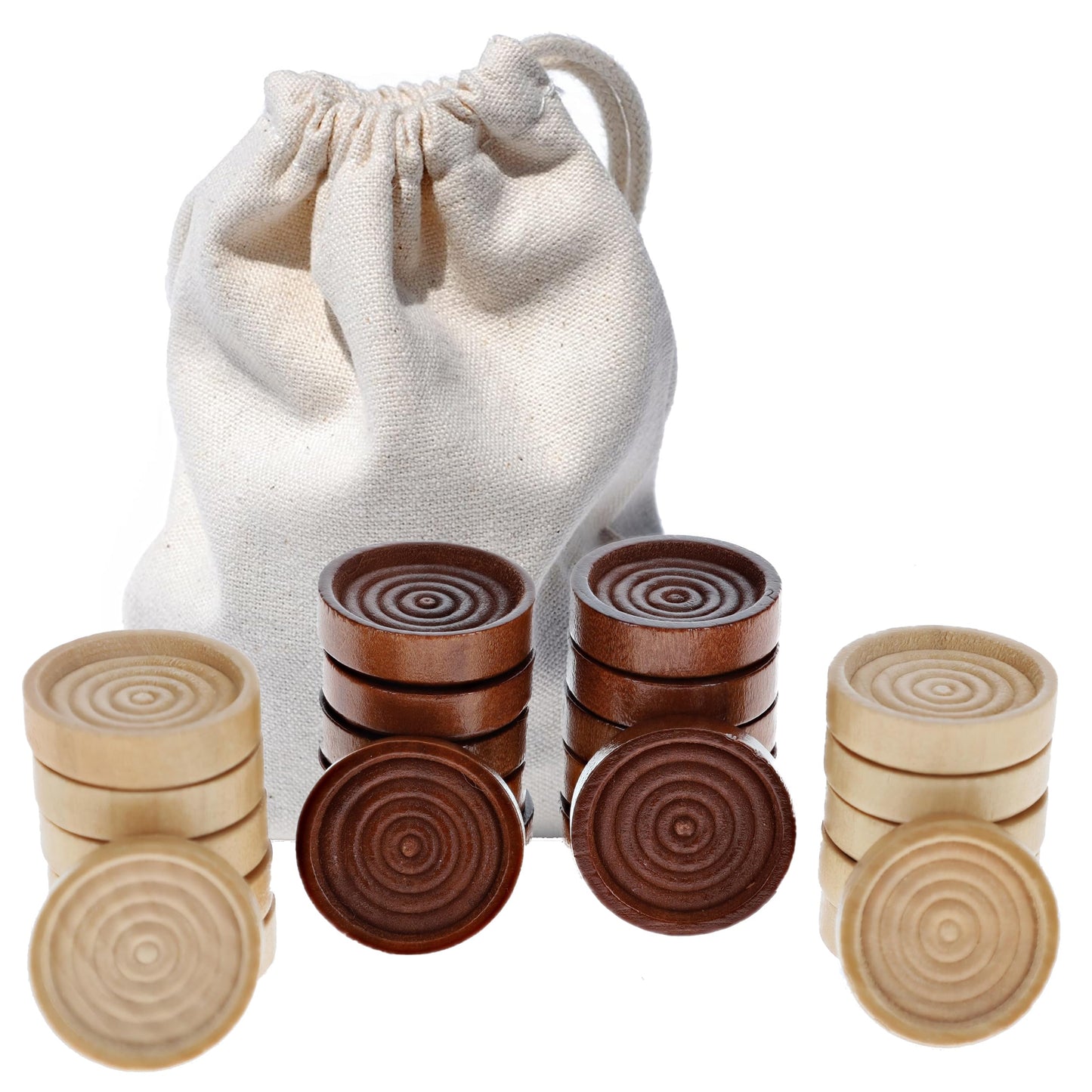 We Games Wooden Checkers Pieces Only (1.06 Inch), Checker Board Game & Backgammon Pieces, 24 Brown And Natural Stained Stackable Ridges With A Drawstring Storage Bag, Replacement Game Piece