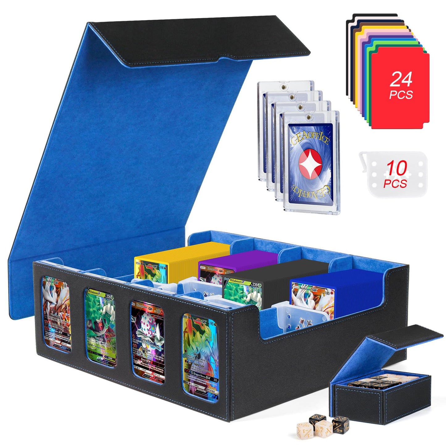 GEAoffice Trading Card Storage Box for 3200+ Cards With Display Windows  enhanced MTG Deck Box With Card Supporters & Divider  Commander Storage Box for TCG  Magic Game  Sports  Black/Blue