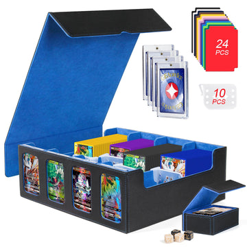 GEAoffice Trading Card Storage Box for 3200+ Cards With Display Windows  enhanced MTG Deck Box With Card Supporters & Divider  Commander Storage Box for TCG  Magic Game  Sports  Black/Blue